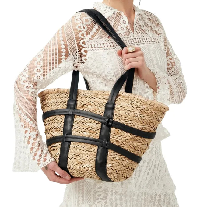 Bolsa de Playa de paja trenzada con asas de cuero - Vintage