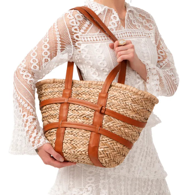 Bolsa de Playa de paja trenzada con asas de cuero - Vintage