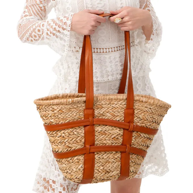 Bolsa de Playa de paja trenzada con asas de cuero - Vintage