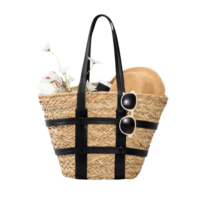 Bolsa de Playa de paja trenzada con asas de cuero - Vintage